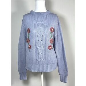 Vintage Purple Cable Knit Sweater Floral Embroidered Cottagecore S/M  Grannycore